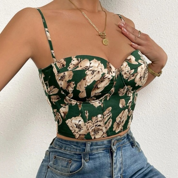 Boho floral print lace up back bustier corset tube satin top - Picture 11 of 16
